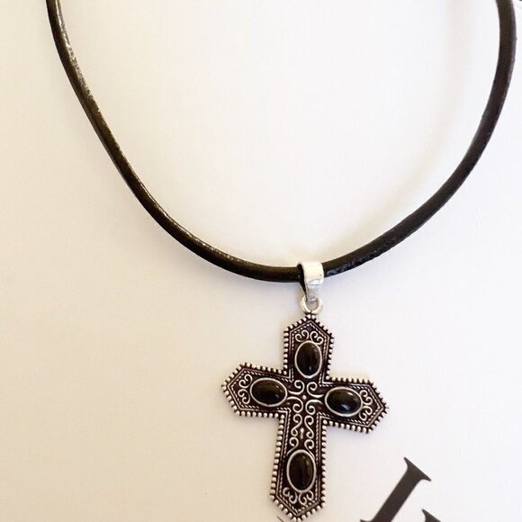 925 Sterling Silver Cross Black ONYX Necklace Leather Gemstone Unisex jewelry - Picture 9 of 16